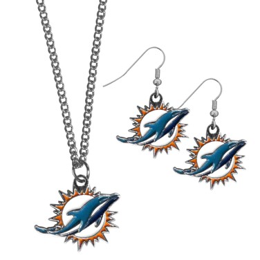 NFL Siskiyou Sports Womens Miami Dolphins Dangle Earrings and Chain Necklace Set One Size Team Color