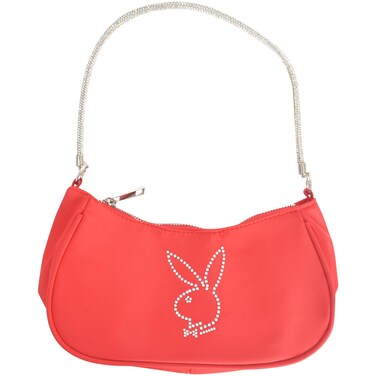 Playboy Shoulder Bag, Women's Purse Handbag with Rhinestone Carry Strap and Bunny Logo, Red