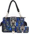 Camouflage Crown Buckle Western Style Purse Floral Shine Glow Country Handbag Women Shoulder Bag Crossbody Wallet Set (Blue)