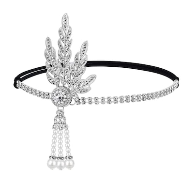 GORTIN 1920's Flapper Headband Leaf Rhiestones Headpiece Pearl Tassel Headdress Head Bands Bridal Flapper Hair Accessories Head Chain for Women and Girls (Sliver)
