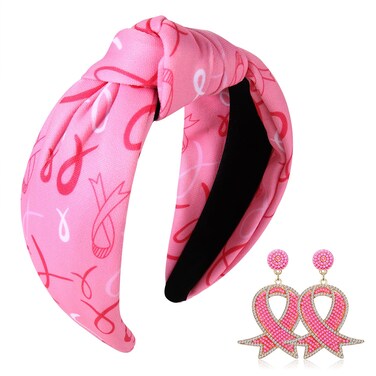 HEIDKRUEGER Pink Ribbon Headband for Women,Wide Knotted Headbands Breast Cancer Awareness Headbands Pink Ribbon Ear Jewelry Accessories for Women Girls Survivor Month Gifts (Pattern B)