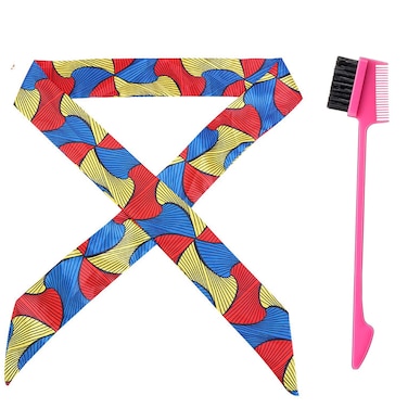 Cospack Silk Satin Edge Styling Scarf Frontal Headband &amp; Dual Edge Brush and Comb Wig Grip Band for Lace Wig Non Slip Hair Wrap or Yoga, Makeup, Facial, Sport (RedYellowBlue)