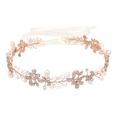 Ammei Headpiece Rose Gold Luxury Bridal Headbands With Genuine Freshwater Pearls Hair Vines Wedding Headpieces For Bride Bridesmaids Prom Hair Accessories With Ivory Ribbons
