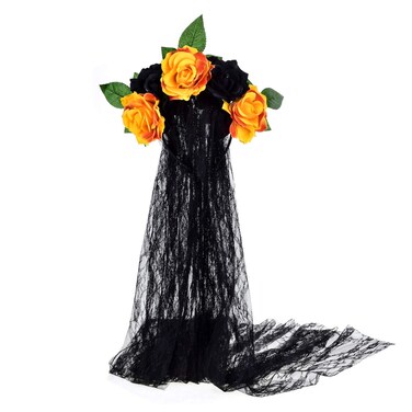 June Bloomy Day of the Dead Headpiece Rose Floral Crown Veil Halloween Costume Mexican Flower Headband(Orange Black)