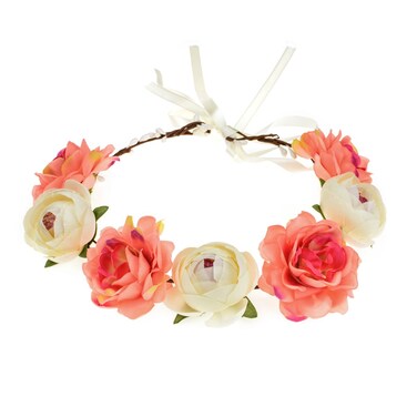 June Bloomy Women Rose Floral Crown Hair Wreath Leave Flower Headband with Adjustable Ribbon (Ivory Coral)