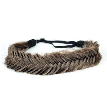 DIGUAN Wide Fishtail 2 Strands Synthetic Hair Braided Headband Classic Chunky Plaited Braids Elastic Stretch Hairpiece Women Girl Beauty accessory,59g (#Gray Brown)