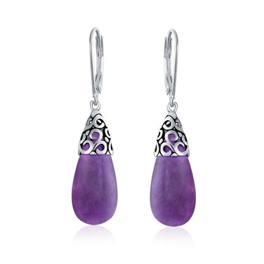 Western Style Gemstone Dyed Purple Quartz Elongated Teardrop Filigree Lever Back Dangle Earrings For Women .925 Sterling Silver