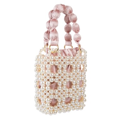 Abvokury YUSHINY Women Faux Pearl Beaded Pleuche Handle Bag Hollow Evening Handle Bag with Velvet Lining for Wedding Party (Pink)