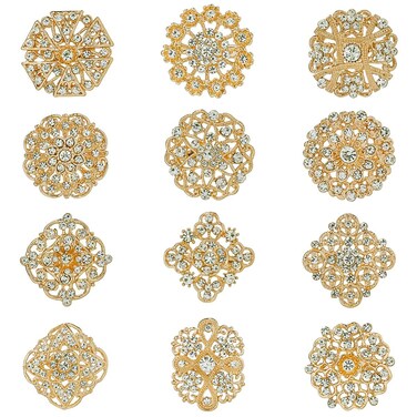 MEEDOZ Women's Gold Plated Lot 12pcs Assorted Crystal Rhinestone Flower Brooch Pin Set for DIY Bridal Wedding Bouquet Kit (Gold)