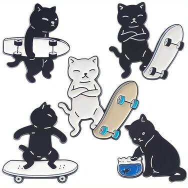 Fsmiling Cute Cat Enamel Pins Set- Skateboarding Black Cat Enamel Brooch Pins for Backpacks Set Badges Clothing Bags Jackets,5 Pack