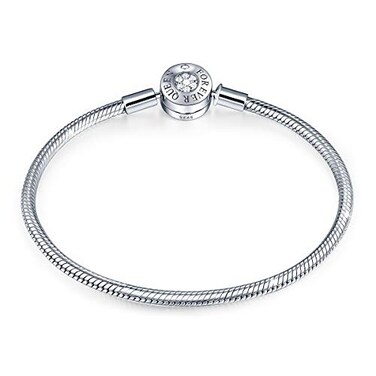 FOREVER QUEEN Charm Bracelet Fit Charms 925 Sterling Silver Basic Snake Chain Bracelet for Women, Signature Bracelet with Sparkling Round Clasp Charm Clear CZ FQ00016 (7.5in/19cm (Updated Version))
