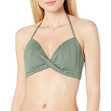 Vince Camuto Women's Standard Wrap Front Bikini Top with Molded Cups, Ripple Effect Iguana, Small