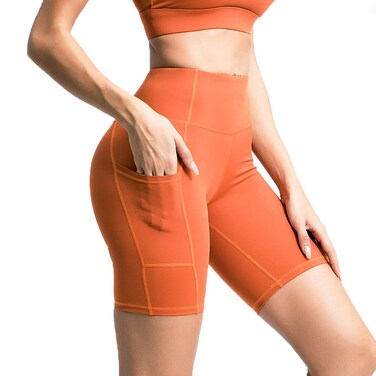 BarryBasicz High Waist Yoga Shorts for Women's Tummy Control Fitness Athletic Workout Running Shorts with Deep Pockets(Orange, S)