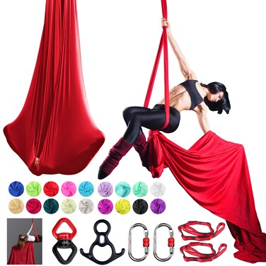 PRIORMAN Aerial Silks Set, Premium Ariel Yoga Hammock 9 Yards Aerial Silk, Low-Stretch Fabric, Yoga Starter Kit for Home, Aerial Rig for All Skill Levels - All Hardware Included (Red)