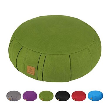 FelizMax Round Buckwheat Meditation Cushion, D=38cm H=14cm Zafu/Zabuton Meditation Pillow, Yoga Bolster, Floor Pouf, Zippered Organic Cotton Cover, Machine Washable, Crescent Yoga Pillow Large-Green