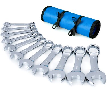 Premium Stubby Combination Wrench Set with Roll-up Pouch, 11-Piece, SAE, 3/8&rdquo; to 1&rdquo;, No Skipped Inch Size   Cr-V Steel, Mirror Polished Finish   Short Length and Slim Body, Perfect for Confined Areas