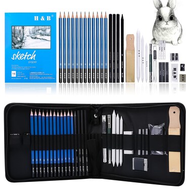 H &amp; B 33 Pieces Drawing Pencils Set, Sketching Pencils Set &amp; Drawing Kit, Includes Sketch Pad, Graphite Pencils, Charcoal Sticks and Eraser, Supplies for Artists/Beginner/Adults