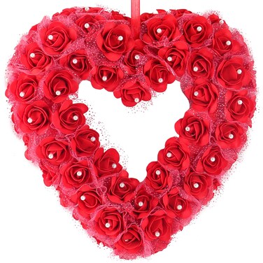 idyllic Heart Shaped Wreath Floral Rose Artificial Garland Door Wreath for Home Wedding Valentine's Day Decoration, Red, 14 inches