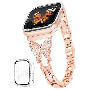 G-ficu Butterfly Band Compatible with Apple Watch Band 44mm with case iWatch Series 6 SE 5 4, Cute Slim Metal Jewelry Bands for Women, Fancy Bling Rhinestone Diamond Dressy Strap (Rose Gold)