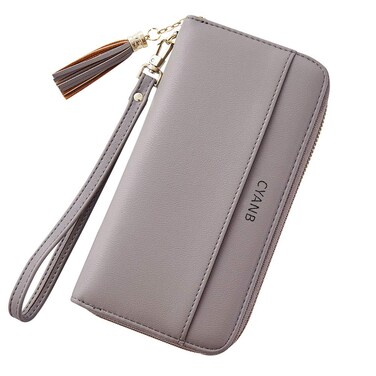 CYANB Women Wallets Tassel Bifold Ladies Clutch Wristlet Wrist Strap Long Purse PU Leather Grey