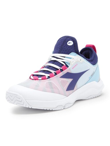 Diadora Women's Speed Blushield Fly 4+ All Ground Tennis Shoe (White/Blueprint/Pink Yarrow, 8.5)