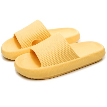 rosyclo Pillow Cloud Slippers for Women and Men, Massage Shower Bathroom Non-Slip Quick Drying Open Toe Super Soft Comfy Thick Sole House Cloud Cushion Slide Sandals for Indoor Outdoor Shoes, Yellow