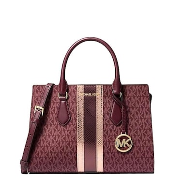 Michael Kors Sheila Medium Signature Logo and Metallic Satchel (Oxblood Rouge Sombre)