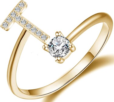 Haoze Initial Letter Ring for Women Rose Gold Stackable Alphabet Rings with Initial Adjustable Crystal Inlaid Initial Rings above 12 years old (T Golds)