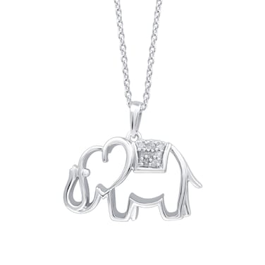 GILDED 925 Sterling Silver Necklace with Natural Diamond and Elephant Shaped Pendant, 18-inch White Silver Chain, 1/20 Carat Total Weight Diamonds, Elegant Gift Box Included