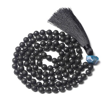 PNEIME 108 Mala Beads Necklace - 8mm Tibetan Prayer Beads -Yoga Meditation Beads Necklace - Hand Knotted Japa Mala (Lava + blue ore)