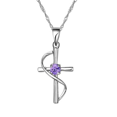 Uloveido Christian Cross Necklace Faith Hope Purple Created Diamond Pendant Necklace for Women Jewelry Platinum Plated-N050