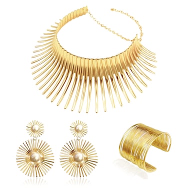 FUNOJOY African Jewelry Sets for Women - Gold Bib Choker Collars Cuff Bracelet Geometric Earrings Necklace Set Punk Costume Jewelry for Women (Gold-2)