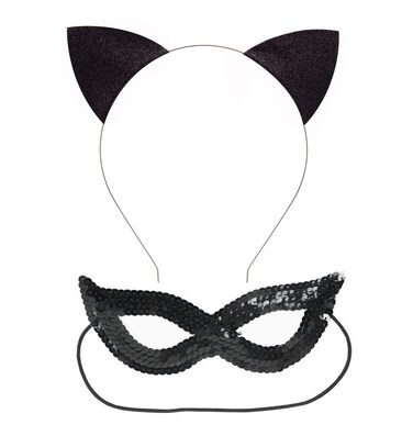 Merroyal Glitter Cat Ears Headband Halloween Fancy Dress Cat Woman Hairband Cosplay (Black) (Glitter Cat Headband+Cat Mask)