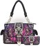 Camouflage Crown Buckle Western Style Purse Floral Shine Glow Country Handbag Women Shoulder Bag Crossbody Wallet Set (Purple)