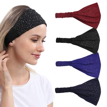 DINPREY Rhinestone Dots Wide Bandana Headband - Women's Twisted Solid Diamond Workout, Yoga &amp; Makeup Head Wrap (4 Pcs)