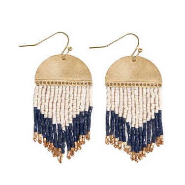 INK+ALLOY Women's Beaded Boho Earrings Claudia Luxe Abstract on Brass Half Circle Seed Bead Fringe Short Dangle Earrings Handmade Jewelry for the Modern Bohemian, 2-Inch L (Navy)