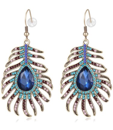 Frogwill Womens Crystal Hook Earrings Sparkling Rhinestone Peacock Feather Dangle Earrings (Blue)