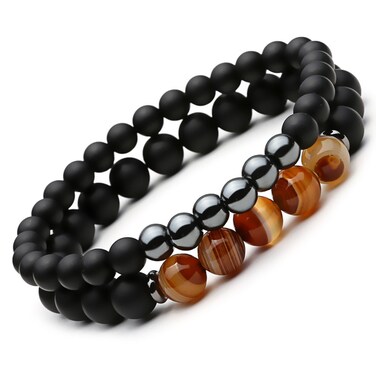 SEVENSTONE 2PCS Black Matte Onyx Prayer Beads Bracelet for Men Women Elastic Natural Stone Tiger Eye