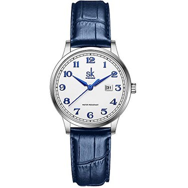 SHENGKE SK Classic Business Women Watches with Stainless Steel Band and Genuine Leather Elegant Ladies Calendar Watch (Arabic Number-Blue Leather)