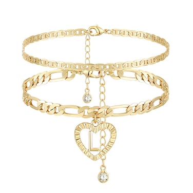 YANODA Initial Ankle Bracelets for Women 14K Gold Plated Layered Figaro Chain Letter Initial Anklets Handmade Layered Heart Ankle Bracelets Personalized Jewelry for Women L