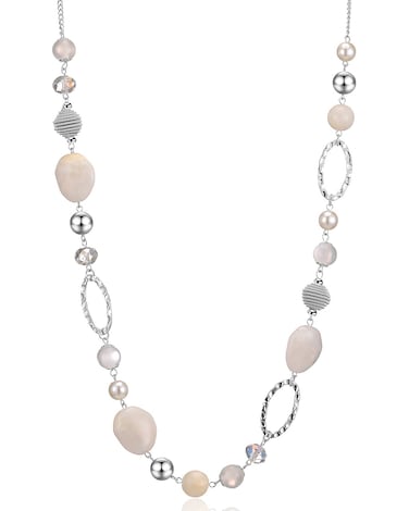 BULINLIN Beaded Long Necklace for Women Silver Sweater Chain Necklace with Crystal Resin Beads, Fashion Jewelry Necklace(White)