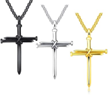 3PCS Fashion Jewelry Polished Stainless Steel Nail Cross Pendant-Chain Necklace Christian Jewelry Church Baptism Gift Cross Pendant Necklaces for Men Women (Gold Silver Black)