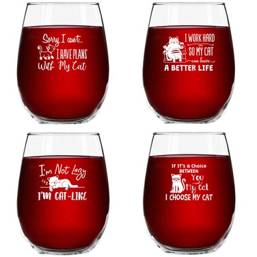 Funny Cat Stemless Wine Glasses Set of 4   Hilarious Cat Gift Idea for Women, Pet Owners and Wine Lovers   15 oz. Funny Cat Wine Glass with Cute Messages   Dishwasher Safe   Made in USA