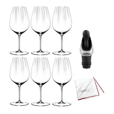 Riedel Performance Wine Glass (Cabernet, 6-Pack) Bundle with Wine Pourer and Microfiber Polishing Cloth (5 Items)