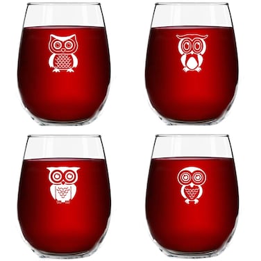 Cute Owl Wine Glass Set of 4   Stemless Wine Glasses with 4 Unique Loveable Owls   15 oz. Owl Decor Glasses   Makes Fun Owl for Women   Great Owl Kitchen Decor or New Home Gift Ideas   USA Made