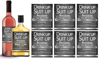 Suit Up Groomsmen Proposal Gold and Silver Foil Stamped Bottle Stickers - 1 Best Man Label and 6 Groomsmen Labels, Will You Be My Groomsman Proposal Gift Set, Waterproof (7 Piece)
