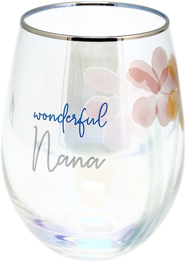 Pavilion Gift Company - Wonderful Nana - 18-ounce Stemless Wine Glass with Floral Design, Iridescent Wine Glass, Nana Gifts, 1 Count (Pack of 1), 2.75" x 4.75