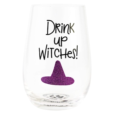 Enesco Our Name is Mud Halloween Drink Up Witches Glitter Stemless Wine Glass, 15 Ounce, Multicolor,6006764