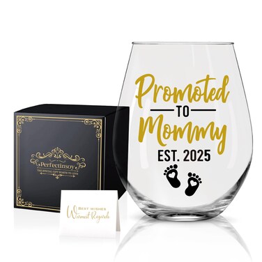 Promoted to Mommy Wine Glass with Gift Box, Set.2025, Funny Mommy Gifts for Women, Grandma, Mother, Mom, New Mother, Grandmother, Perfect for Pregnancy announcement, Birthday, Mother&acirc;&euro;&trade;s Day