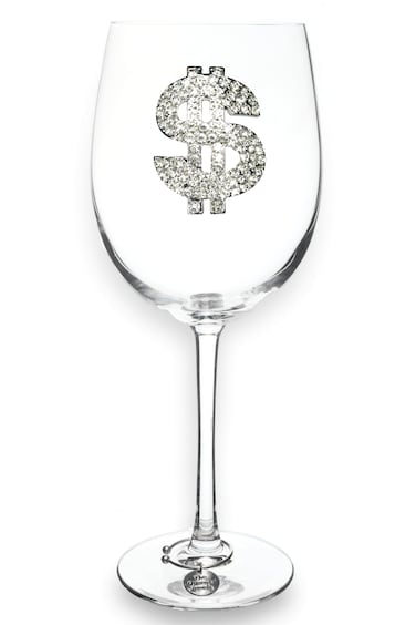 THE QUEENS' JEWELS Diamond Dollar Jeweled Stemmed Wine Glass, 21 oz. - Unique Gift for Women, Birthday, Cute, Fun, Not Painted, Decorated, Bling, Bedazzled, Rhinestone